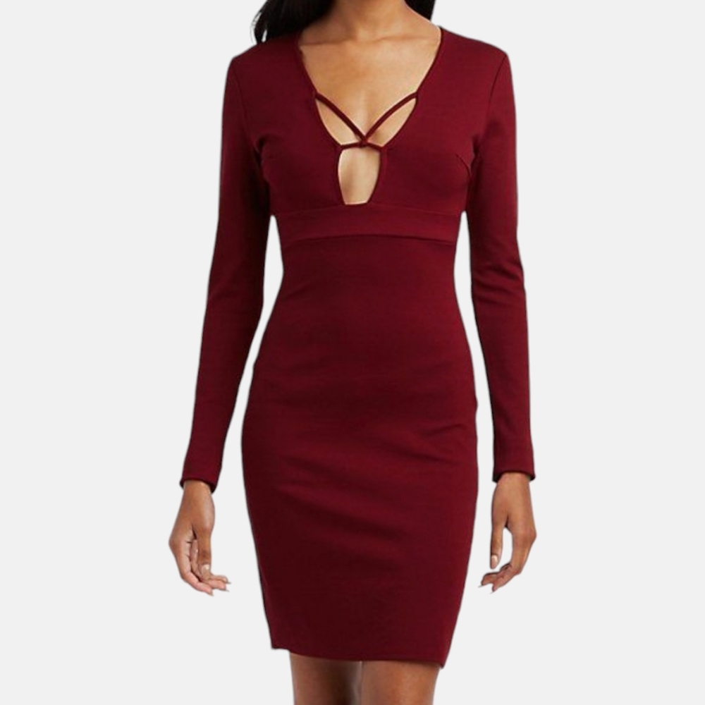 Charlotte Russe Long Sleeve Caged Inset Bodycon Mini Dress - Wine Sz: M